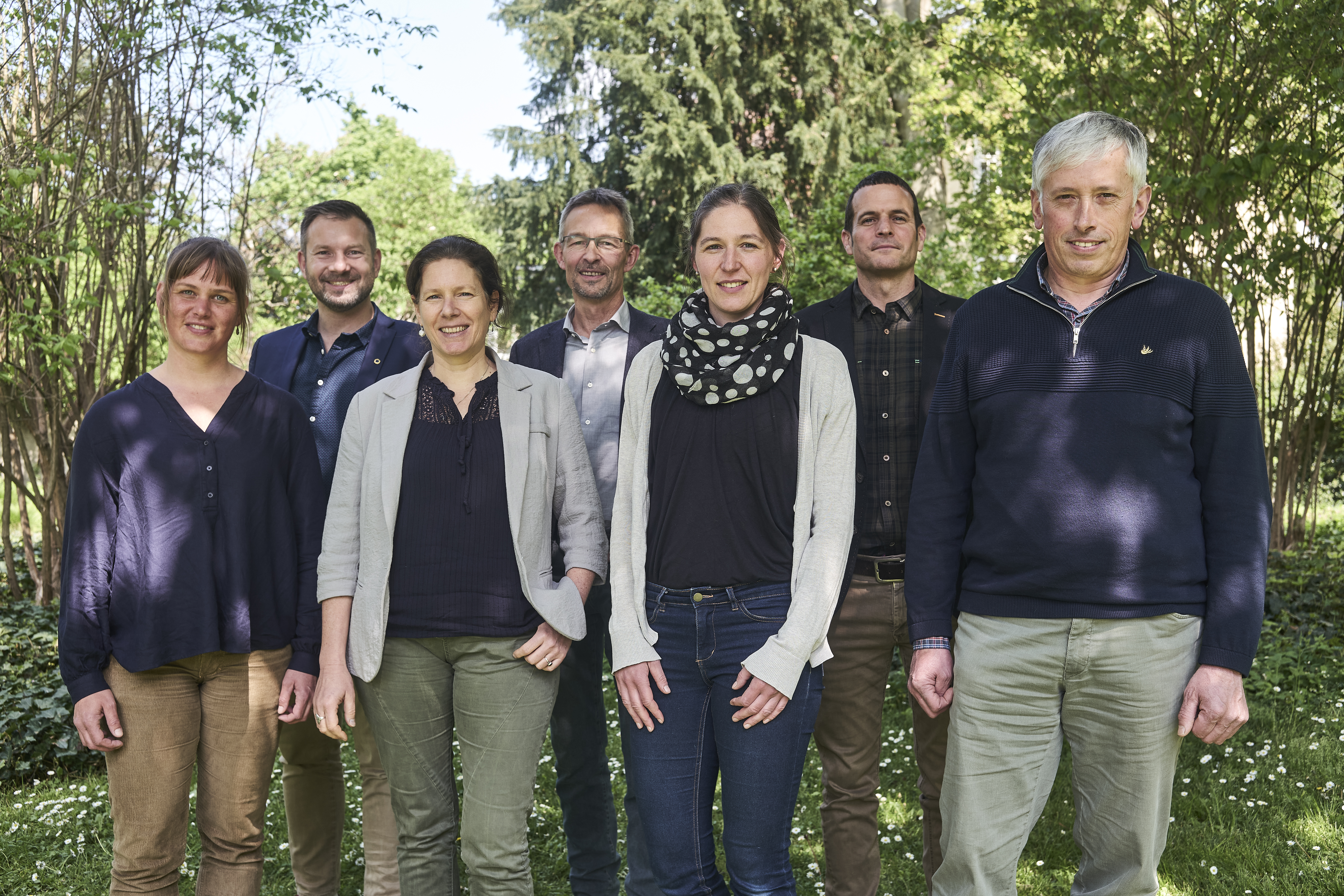 Le comité de direction de Bio Suisse (de gauche à droite) : Rahel Beglinger-Urner, Cédric Guillod, Karine Contat, Urs Brändli, Dora Fuhrer, Milo Stoecklin, Sepp Bircher. Copyright Bio Suisse